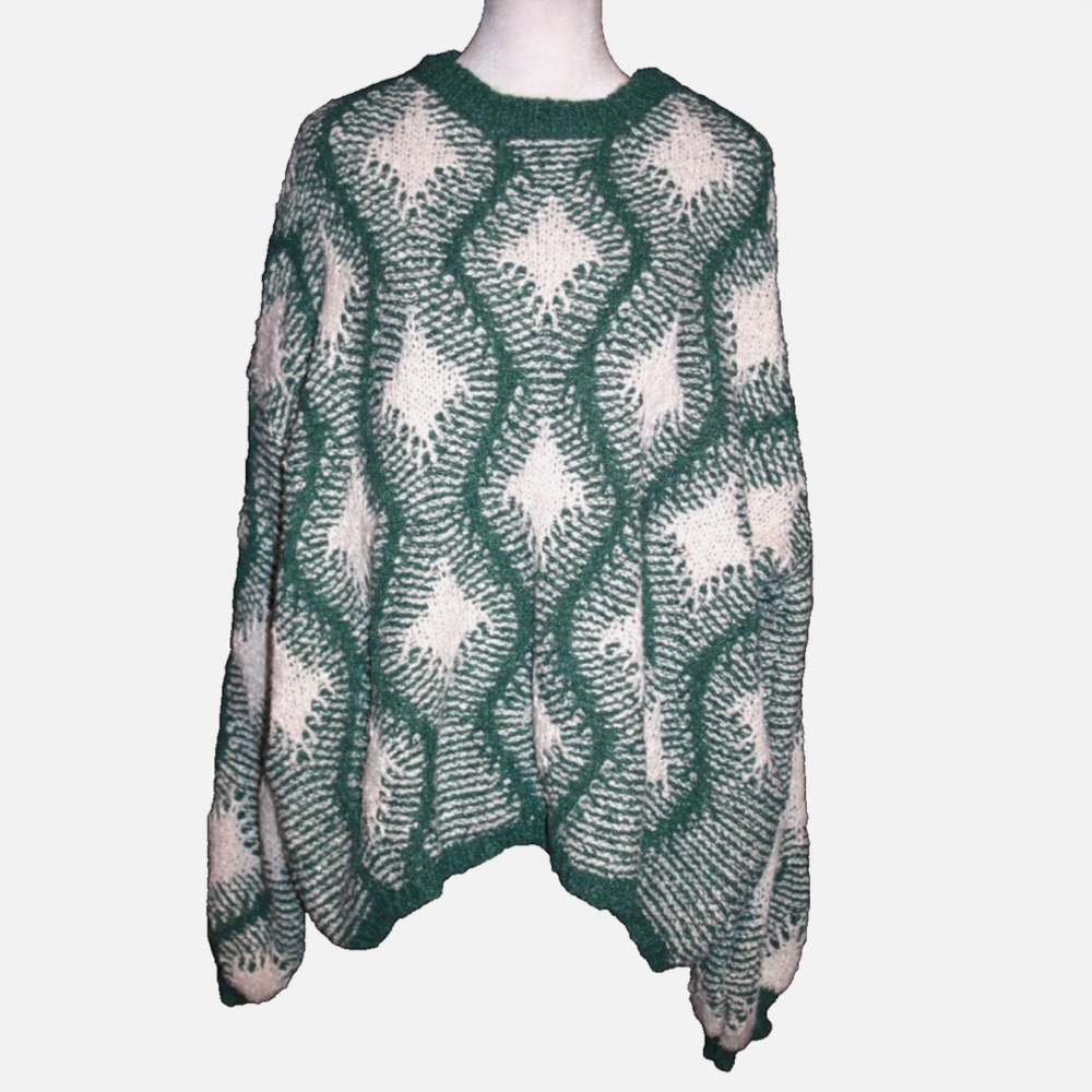 Grey Bandit Sweater White & Green Chunky Knit Warm Women's Size XXXL 3XL NEW